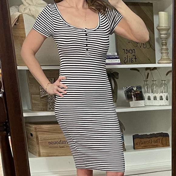 White Striped Ribbed Midi Dress 